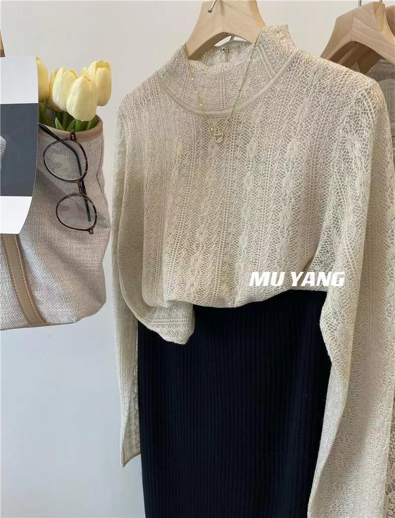 半高領蕾絲打底衫女春秋季洋氣寬松百搭法式氣質別緻內搭長袖上衣23120206