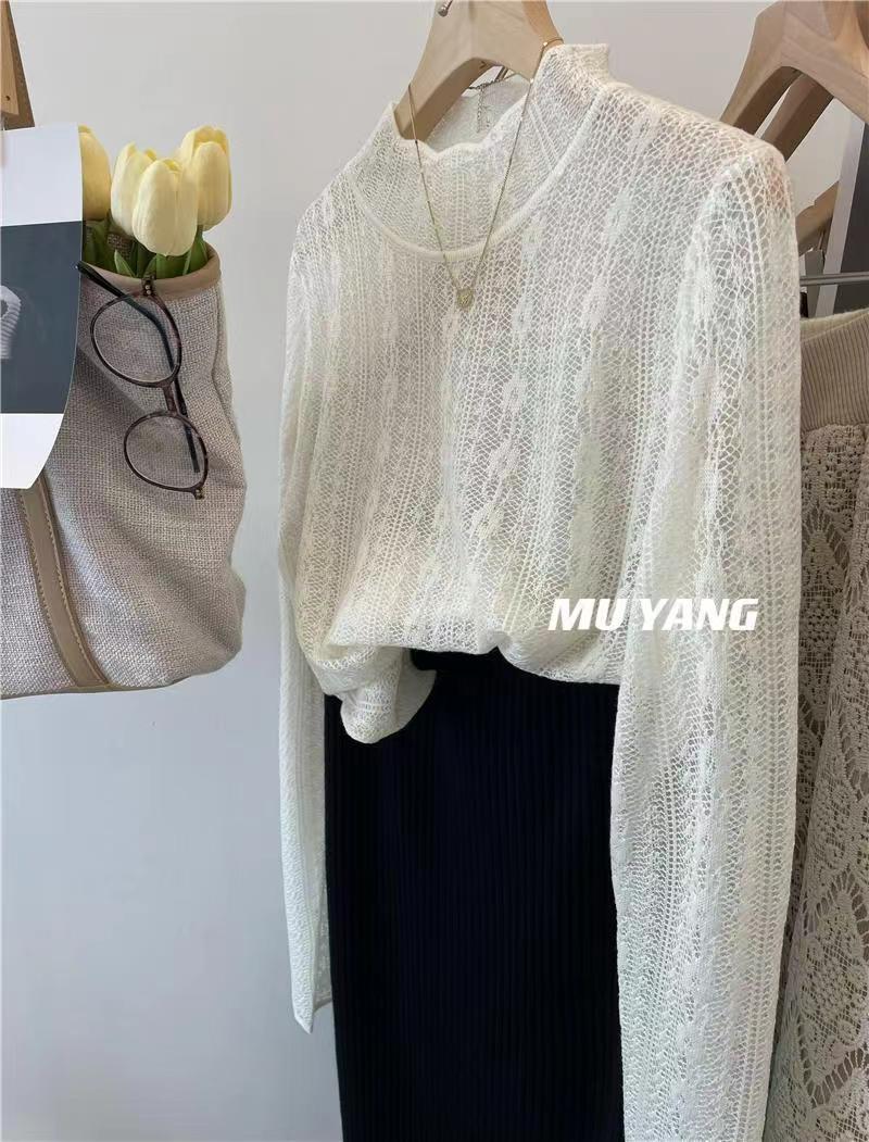 半高領蕾絲打底衫女春秋季洋氣寬松百搭法式氣質別緻內搭長袖上衣23120206