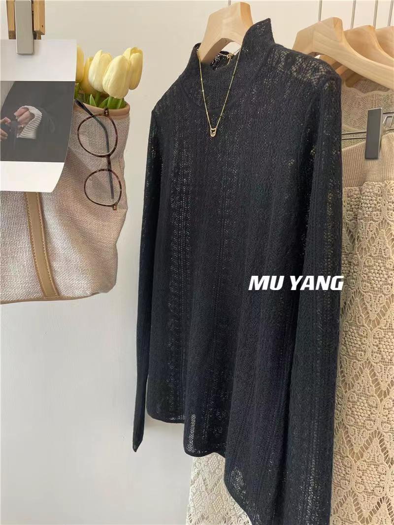 半高領蕾絲打底衫女春秋季洋氣寬松百搭法式氣質別緻內搭長袖上衣23120206