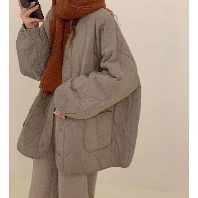 碎花棉服女小香風寬松時尚甜美氣質純色小花慵懶寬松棉衣外套23120406