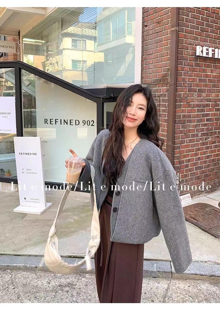 新款秋冬時尚休閒設計感顯瘦大衣女短款寬松韓版毛呢外套23120603