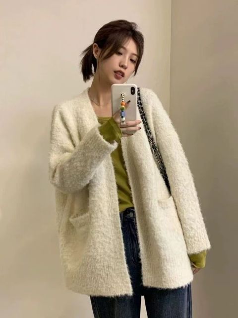 舒適圈圈紗溫柔風毛衣開衫女秋季新款寬松白色針織外套慵懶風23121001