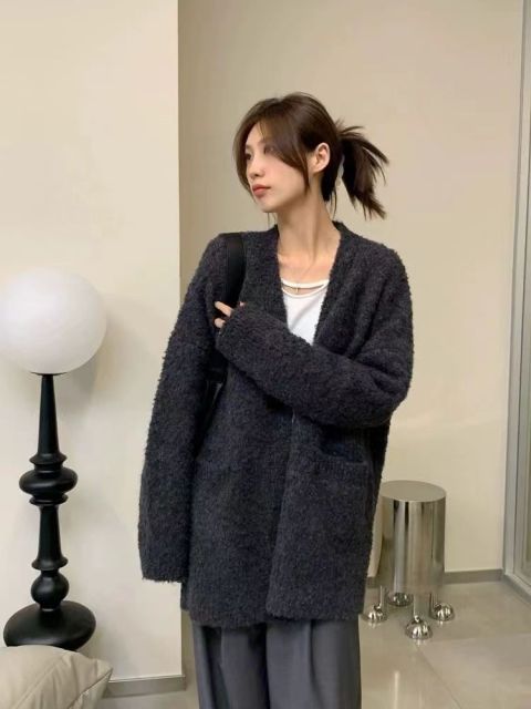 舒適圈圈紗溫柔風毛衣開衫女秋季新款寬松白色針織外套慵懶風23121001