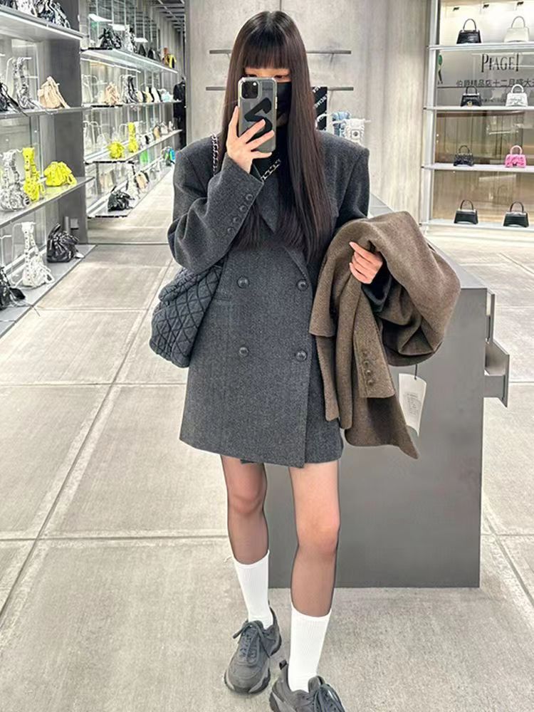 灰色短款西裝呢子大衣女秋冬季新款毛呢外套高級感小個子韓系23121007