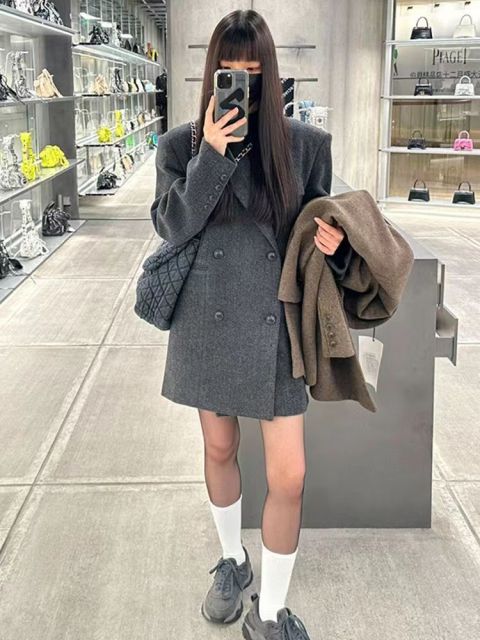 灰色短款西裝呢子大衣女秋冬季新款毛呢外套高級感小個子韓系23121007