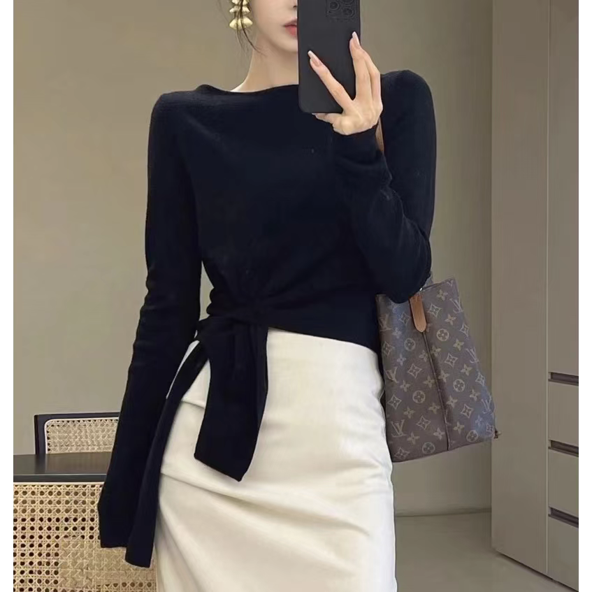 法式小眾洋氣長袖針織衫女秋裝氣質簡約下擺系帶毛衣修身時尚上衣23121101