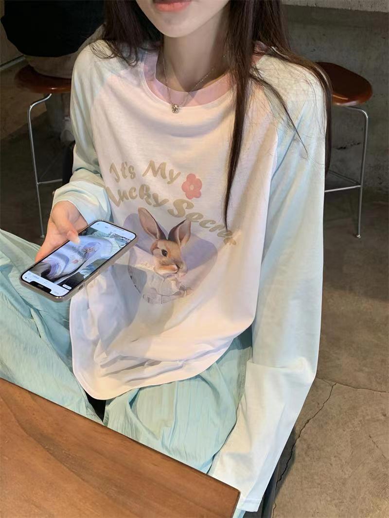 粉色可愛甜美撞色拼接長袖T恤女秋季寬松chic港味顯瘦休閒上衣23121403