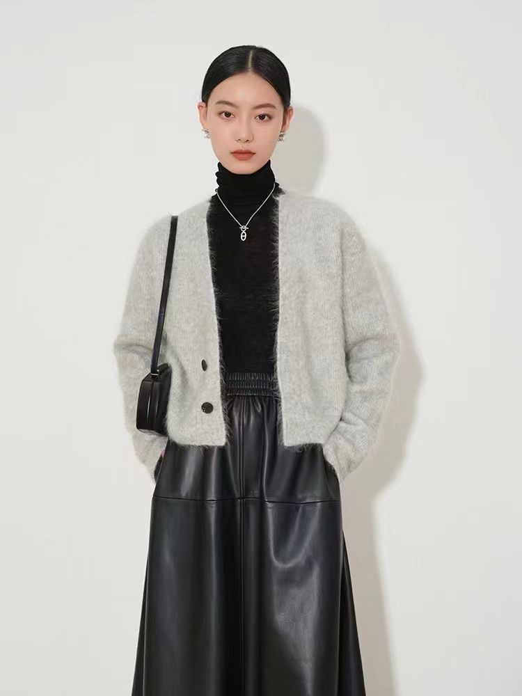 法式復古仿水貂絨馬海毛棕色毛衣女外搭秋季高級針織開衫外套上衣23121405