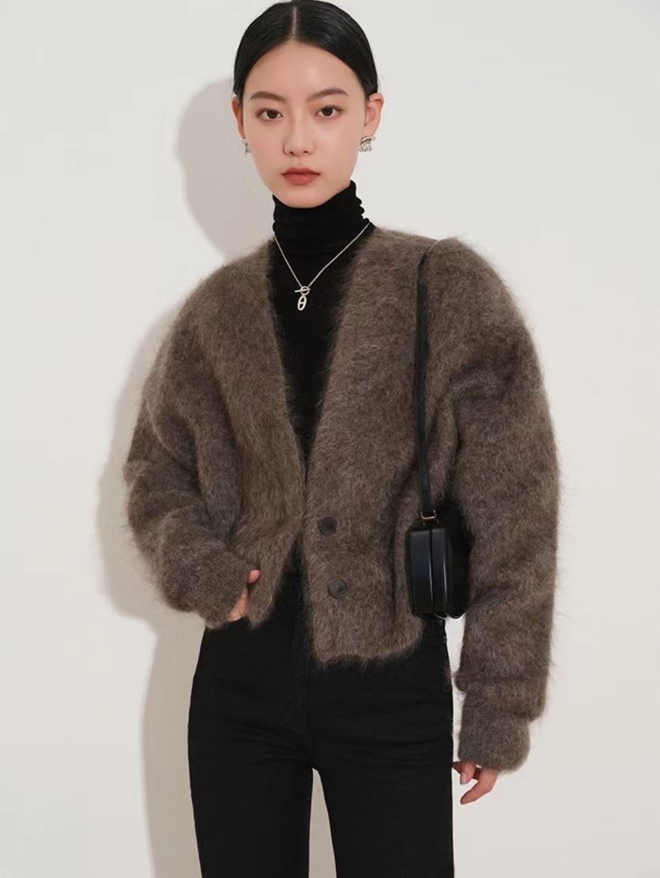 法式復古仿水貂絨馬海毛棕色毛衣女外搭秋季高級針織開衫外套上衣23121405