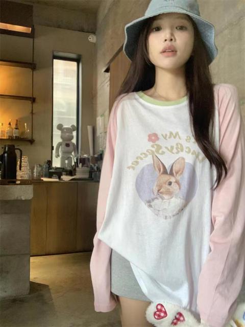 粉色可愛甜美撞色拼接長袖T恤女秋季寬松chic港味顯瘦休閒上衣23121403