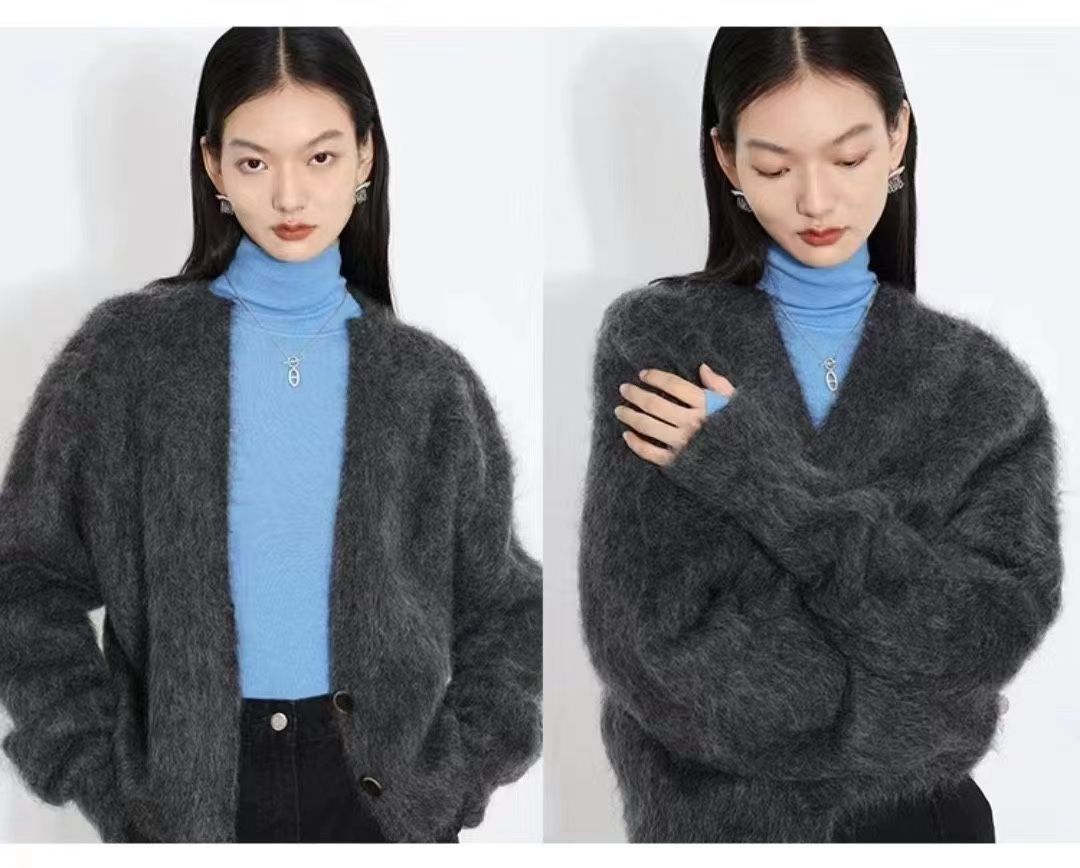 法式復古仿水貂絨馬海毛棕色毛衣女外搭秋季高級針織開衫外套上衣23121405