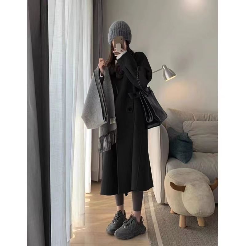 灰色毛呢外套女呢子大衣赫本風秋冬季新款韓系氣質加厚小個子23121503