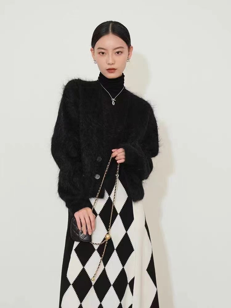 法式復古仿水貂絨馬海毛棕色毛衣女外搭秋季高級針織開衫外套上衣23121405