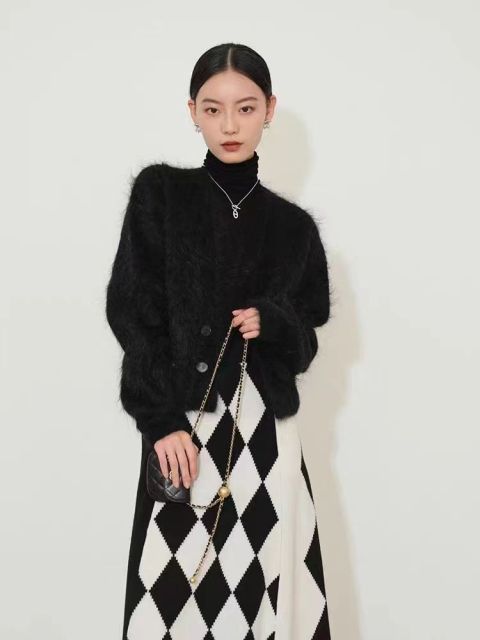 法式復古仿水貂絨馬海毛棕色毛衣女外搭秋季高級針織開衫外套上衣23121405