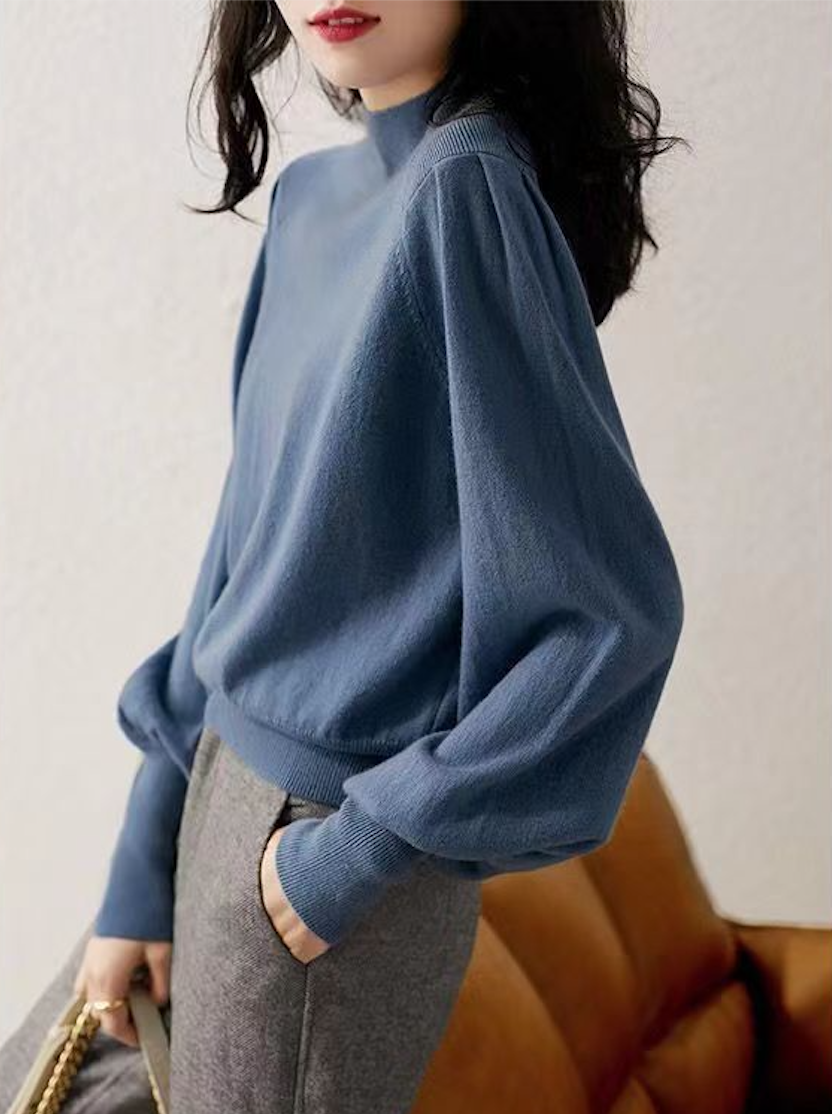 女裝早秋季半高領寬松燈籠袖毛衣針織衫上衣23122102