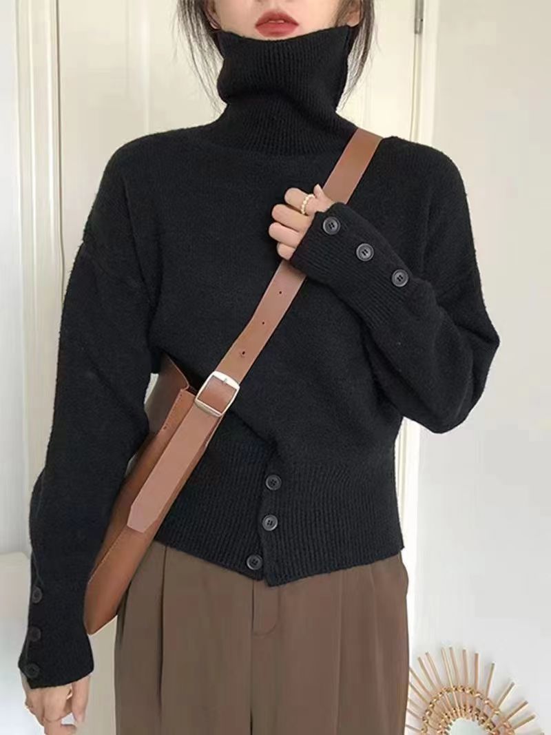 高領套頭毛衣女士秋冬時尚洋氣設計感開叉寬松顯瘦百搭針織打底衫23122401