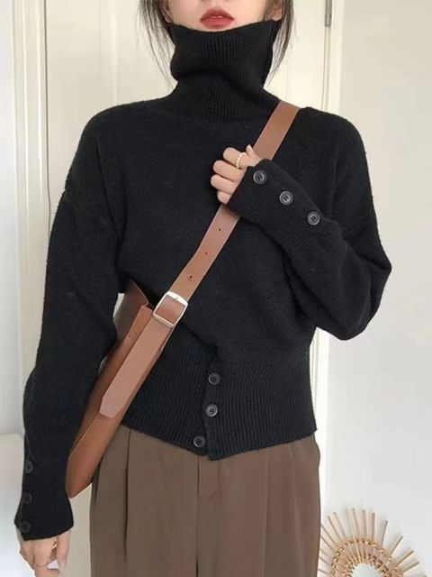 高領套頭毛衣女士秋冬時尚洋氣設計感開叉寬松顯瘦百搭針織打底衫23122401