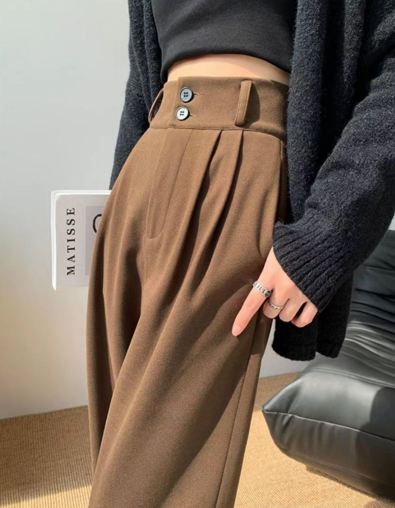 加絨毛呢休閒闊腿褲女秋冬款新款西裝褲直筒高腰垂感拖地褲子23122305