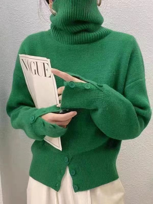 高領套頭毛衣女士秋冬時尚洋氣設計感開叉寬松顯瘦百搭針織打底衫23122401