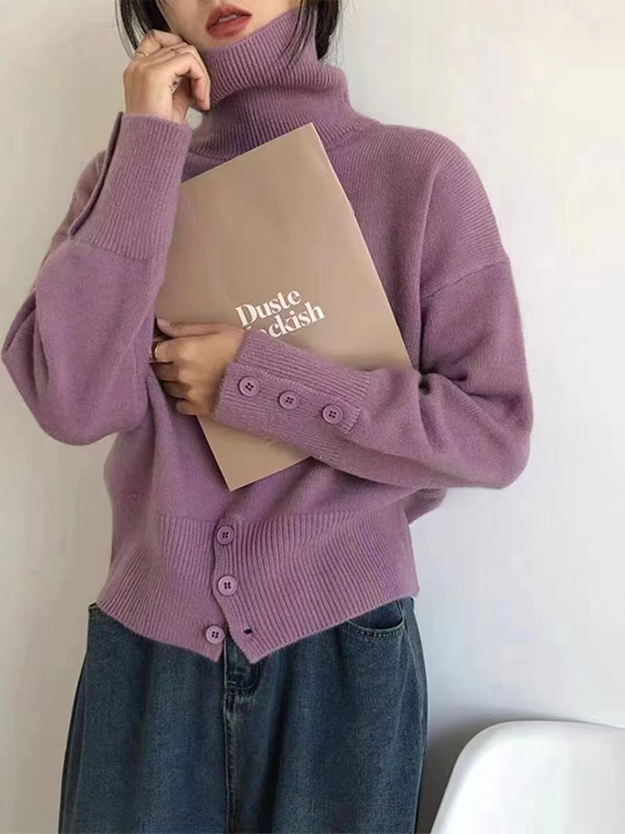 高領套頭毛衣女士秋冬時尚洋氣設計感開叉寬松顯瘦百搭針織打底衫23122401