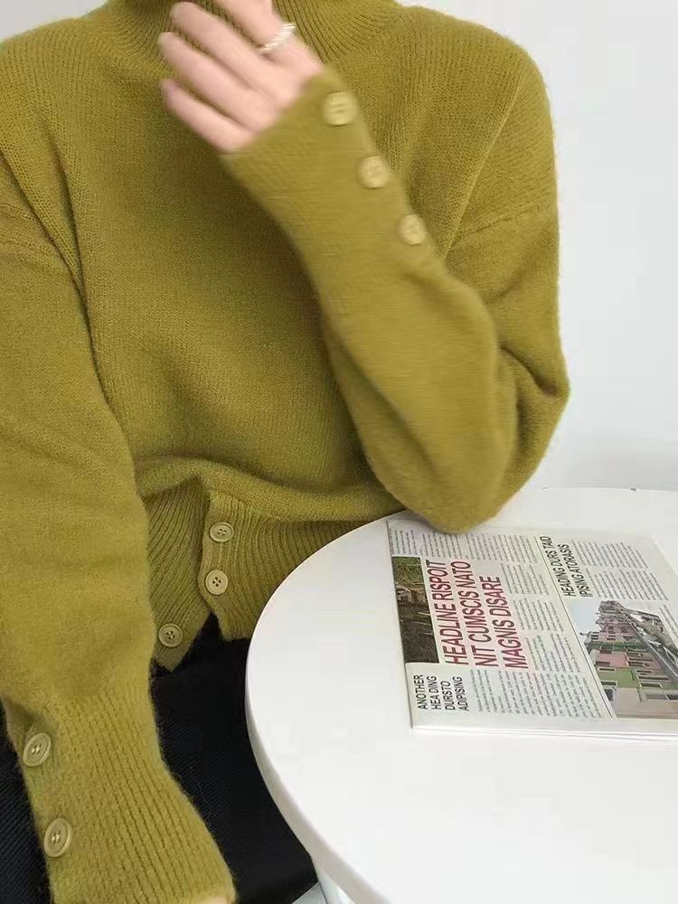 高領套頭毛衣女士秋冬時尚洋氣設計感開叉寬松顯瘦百搭針織打底衫23122401