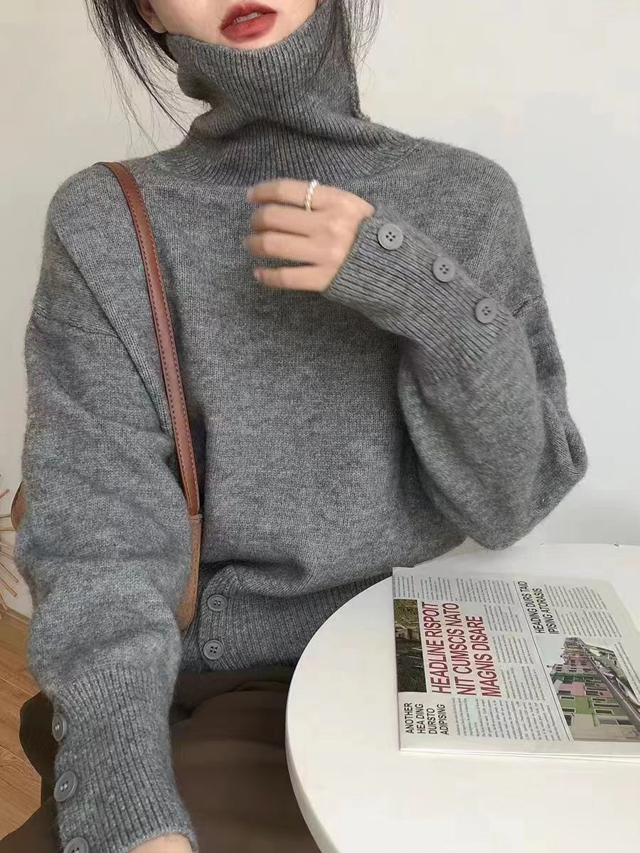 高領套頭毛衣女士秋冬時尚洋氣設計感開叉寬松顯瘦百搭針織打底衫23122401