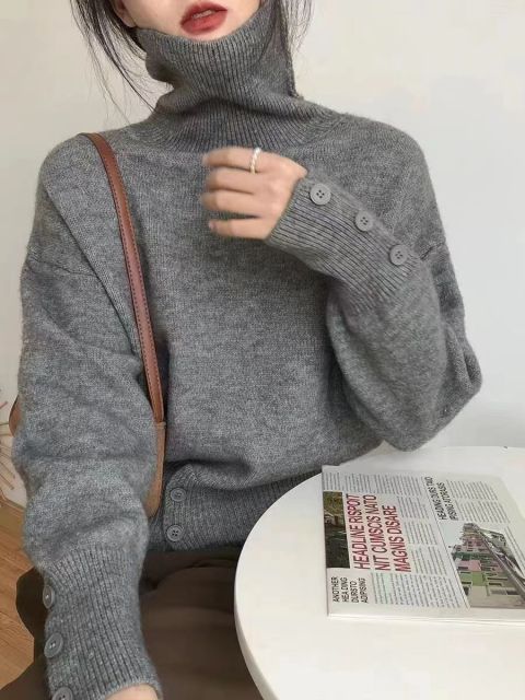 高領套頭毛衣女士秋冬時尚洋氣設計感開叉寬松顯瘦百搭針織打底衫23122401