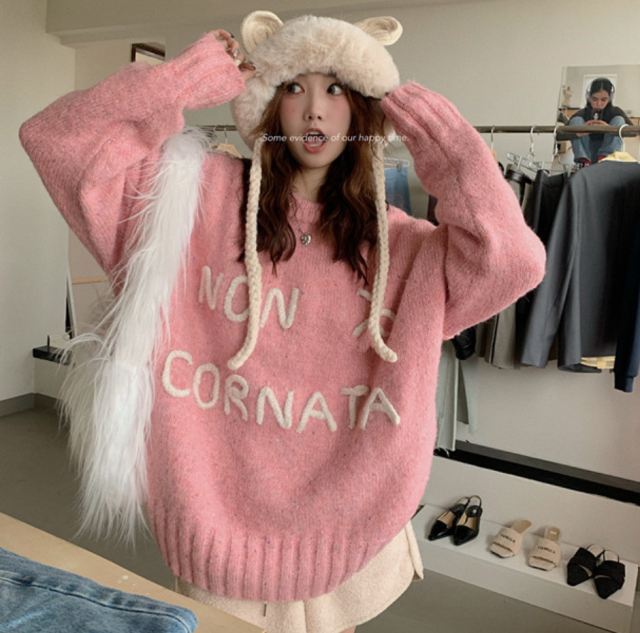 粉色慵懶風寬松毛衣女冬字母圓領套頭長袖針織衫22120507