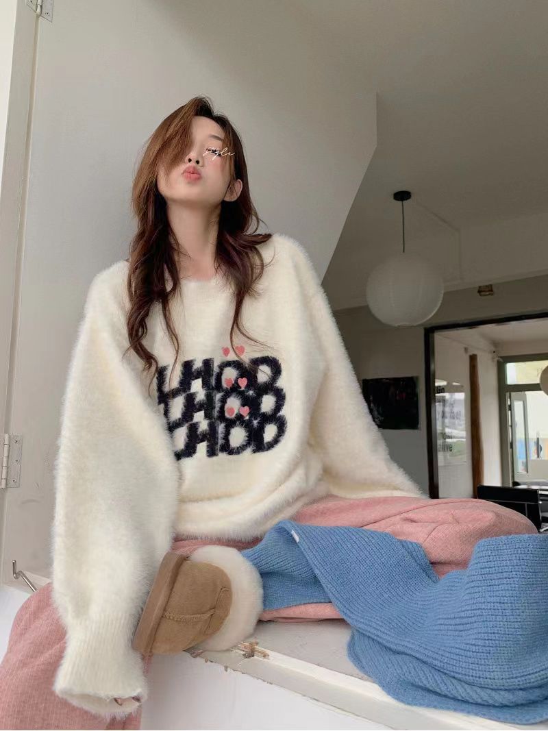 仿水貂绒毛衣秋冬慵懒风女装字母冬季套头宽松针织衫上衣毛衣23123104