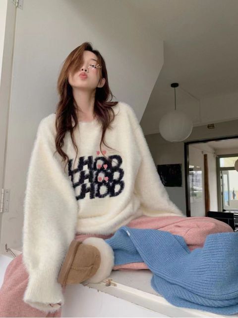 仿水貂绒毛衣秋冬慵懒风女装字母冬季套头宽松针织衫上衣毛衣23123104