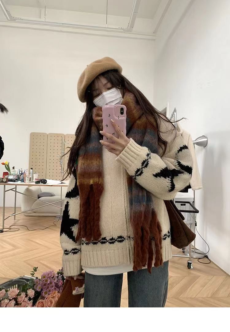 撞色翻領拉鍊毛衣女寬松春秋新款星星月亮休閒針織開衫外套厚24010507
