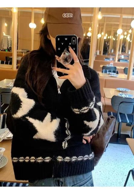 撞色翻領拉鍊毛衣女寬松春秋新款星星月亮休閒針織開衫外套厚24010507