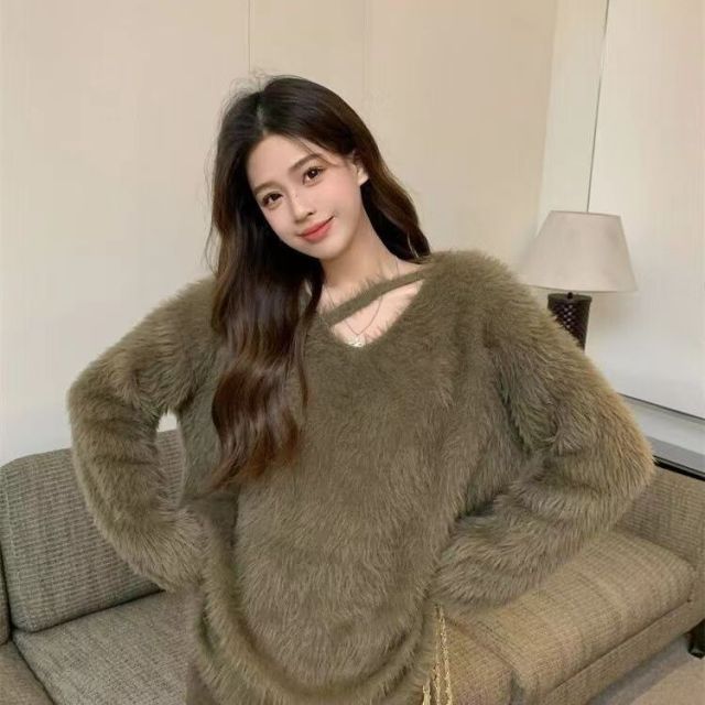 白色軟糯仿水貂絨毛衣女秋季新款爆款慵懶風加厚針織衫上衣24011002