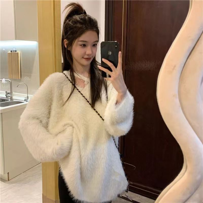 白色軟糯仿水貂絨毛衣女秋季新款爆款慵懶風加厚針織衫上衣24011002