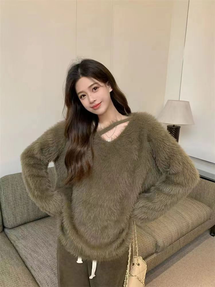 白色軟糯仿水貂絨毛衣女秋季新款爆款慵懶風加厚針織衫上衣24011002