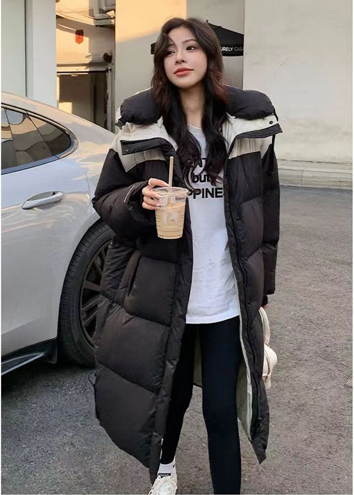長款拼色棉衣女新款韓版寬松oversize羽絨棉服過膝款加厚外套24011407