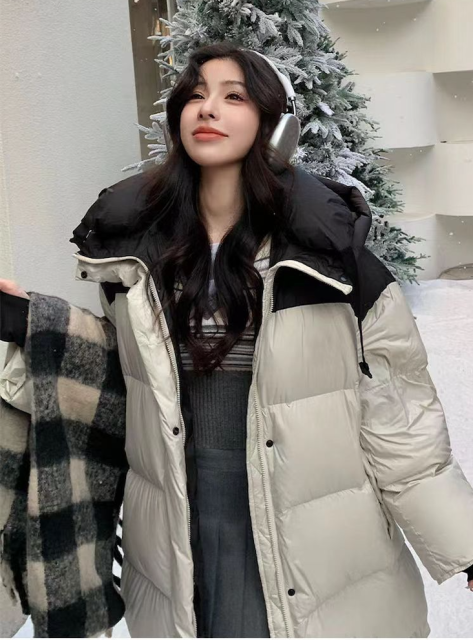 長款拼色棉衣女新款韓版寬松oversize羽絨棉服過膝款加厚外套24011407