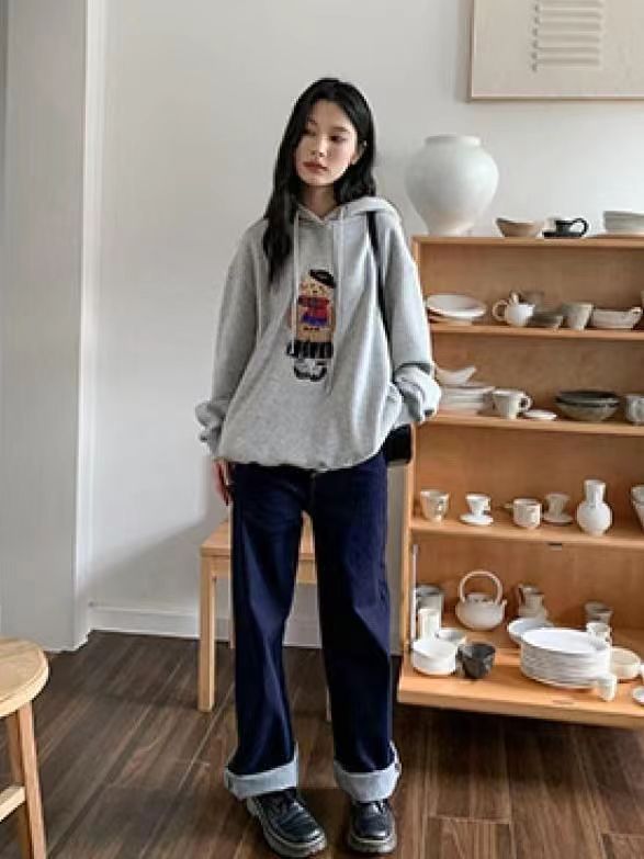 你好卡農原創小熊貼布刺繡可愛衛衣女秋季新款寬松套頭連帽上衣24011702