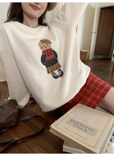 你好卡農原創小熊貼布刺繡可愛衛衣女秋季新款寬松套頭連帽上衣24011702