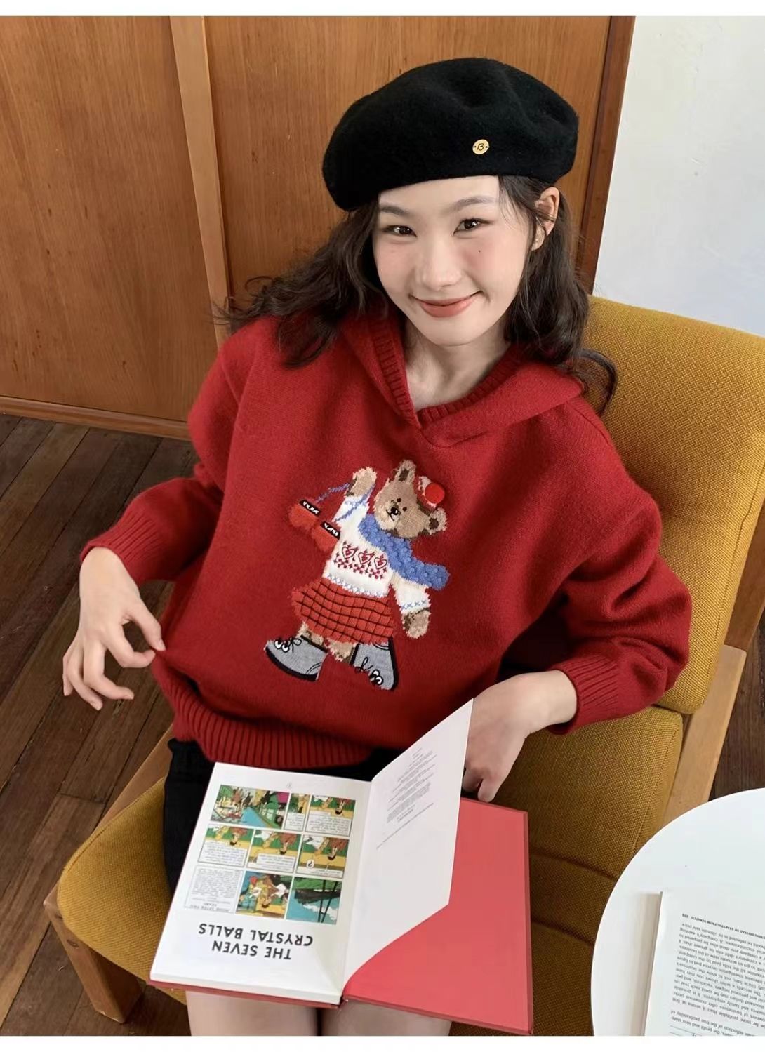 卡通小熊提花圓領毛衣女秋冬休閒減齡長袖針織衫寬松顯瘦日系百搭24011904
