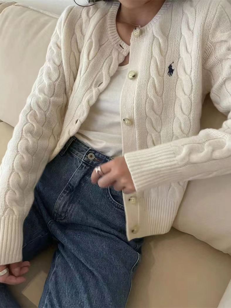 POLO韓國小馬刺繡復古麻花開衫女寬松顯瘦針織長袖上衣外套女上裝24011901