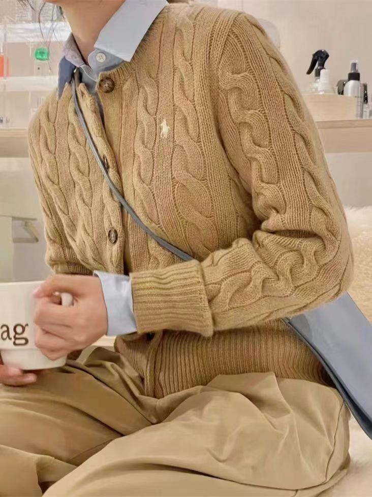 POLO韓國小馬刺繡復古麻花開衫女寬松顯瘦針織長袖上衣外套女上裝24011901