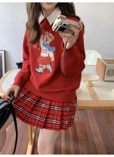 卡通小熊提花圓領毛衣女秋冬休閒減齡長袖針織衫寬松顯瘦日系百搭24011904