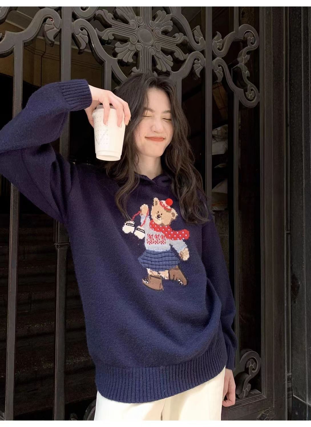卡通小熊提花圓領毛衣女秋冬休閒減齡長袖針織衫寬松顯瘦日系百搭24011904