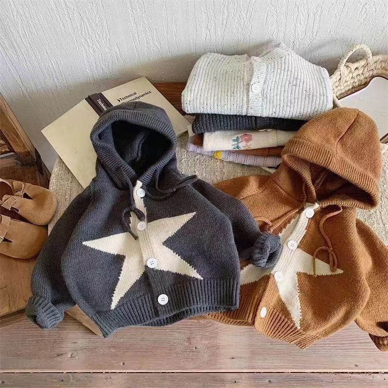 女童男童外套春秋款針織衫新款韓範女寶寶五角星連帽開衫毛衣外套24012203