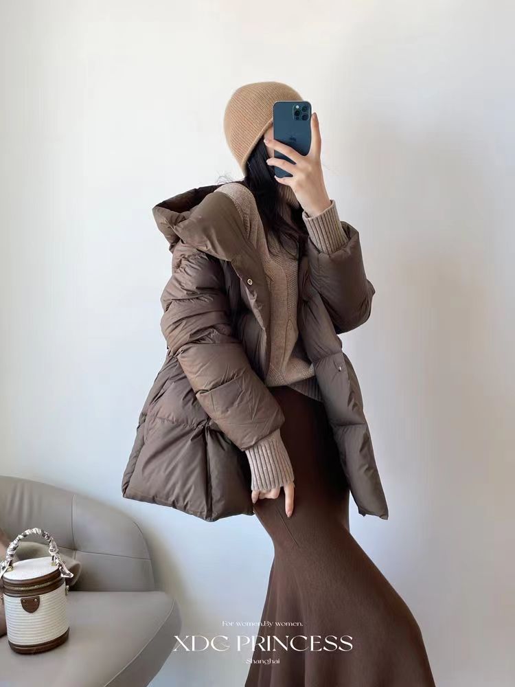 輕薄款連帽收腰顯瘦系帶白棉服冬季時尚新款棉服外套女24012602