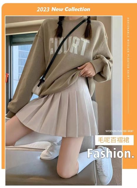 半身裙女毛呢百褶裙a字新款秋冬季灰色顯瘦學生洋氣高腰短裙24012707