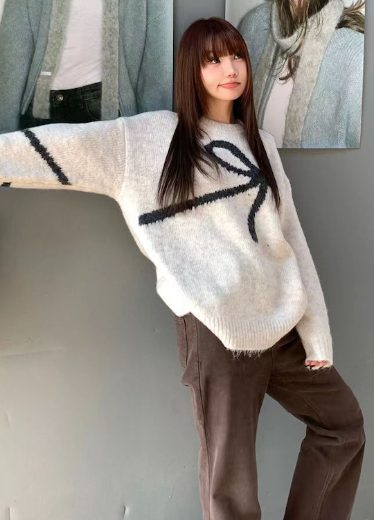 YOULIKA撞色蝴蝶結提花套頭毛衣女新款秋冬寬松外穿慵懶風上衣ins24013103