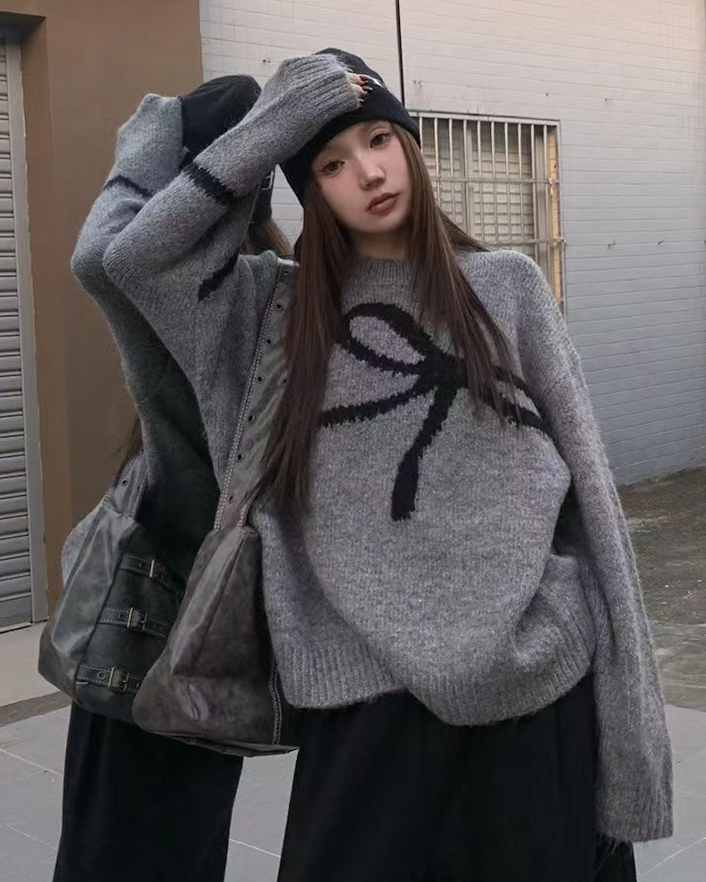 YOULIKA撞色蝴蝶結提花套頭毛衣女新款秋冬寬松外穿慵懶風上衣ins24013103