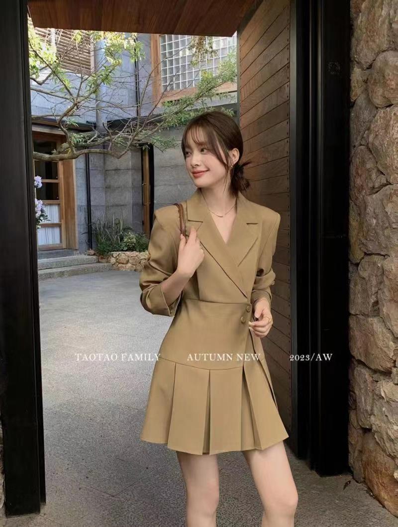 韓系簡約百搭時尚通勤西裝連衣裙女早秋新款氣質百褶A字短裙24030407